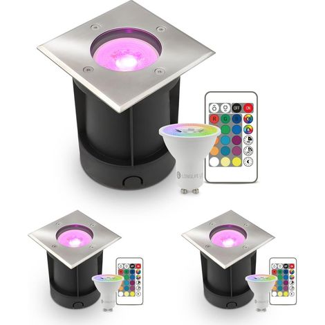 LED Bodeneinbaustrahler eckig Edelstahl 230V IP67 - Leuchtmittel: GU10 5W RGB+CCT inkl. IR Fernbedienung - Anzahl: 3x (1/5)