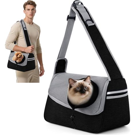 Sac de transport ajustable à bandoulière pour animaux gris noir