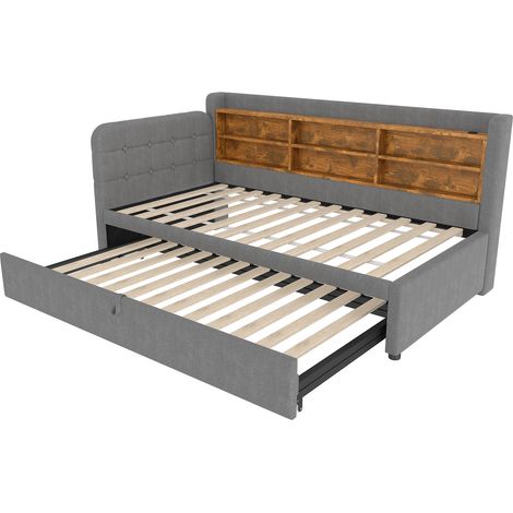 Lit journée 90x200 cm extensible en 180x200 cm, avec rangements multiples, sommier à lattes – Lin gris, sans matelas