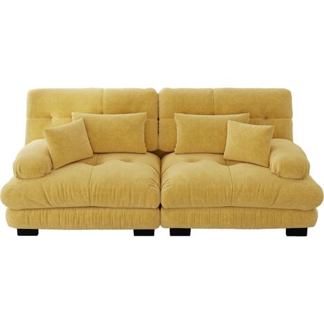 Canapé d'angle en chenille jaune avec coussins lombaires et décoratifs, structure en bois massif (1/5)