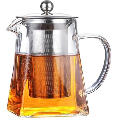 Bollitore con infusore, design ergonomico, antigoccia, infusore rimovibile in acciaio inox, facile da usare e da pulire, 750 ml, adatto a microonde e fornelli, vetro, trasparente (1/5)