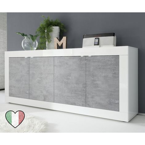 Credenza moderna bassa da soggiorno 4 Ante Bianco laccato lucido-Cemento - Basic (1/3)