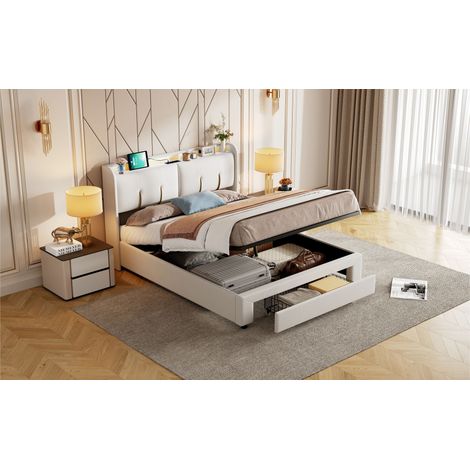 Lit coffre avec fonction de rangement, bandeau lumineux et port de charge USB, lit double 140x200cm en velours beige, chargeur européen standard (1/5)