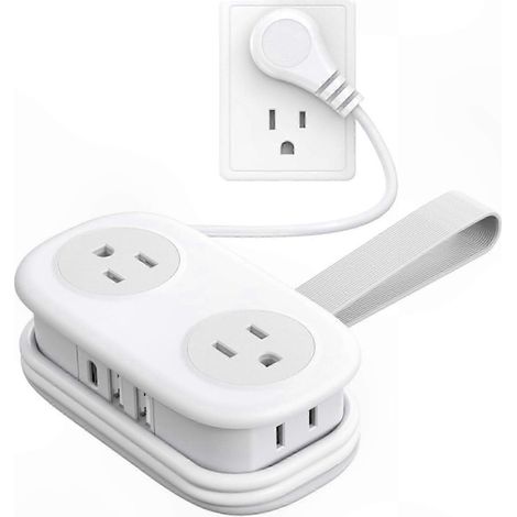 Multiprise de voyage miniature de 1,2 m avec 4 prises secteur, 2 ports USB-A, 1 port Type-C, protection contre les surtensions, blanche. (1/4)