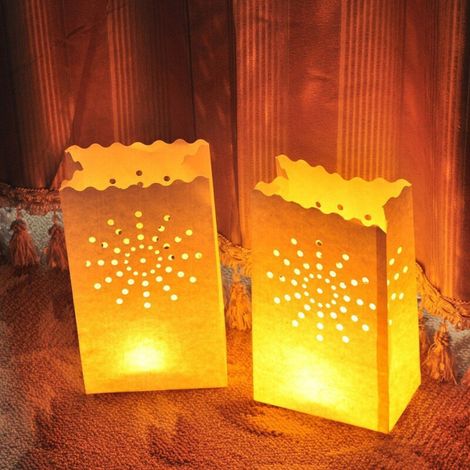 Sac à Bougies Blanc, Lanternes Résistants à la Flamme Luminaires Sac en Papier pour Décoration Mariage Anniversaire Fete 20 Pièces(Soleil Motif) (1/5)