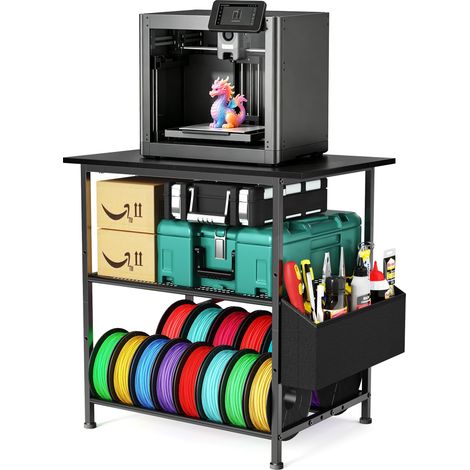 Table d'imprimante 3D à 3 étages, armoire d'imprimante en métal avec rangement de filament et poche latérale, étagère pour imprimante sur pied pour bureau, maison, école, atelier (noir) (1/5)