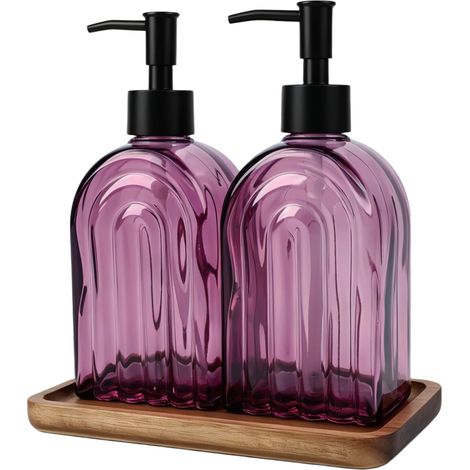 Lot de 2 distributeurs de savon en verre avec plateau en bois 400 ml (1/5)