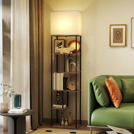 Stehlampe mit Ablagen, dimmbare Wohnzimmer-Stehlampe, Fernbedienung, 40 x 29 x 171 cm, rustikales Braun