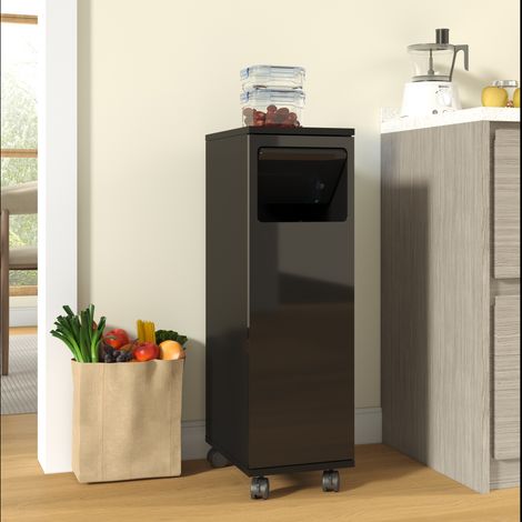 Meuble poubelle 24,2x35,1x80,2 cm avec roulettes, porte magnétique à ouverture 180°, support sac intégré en MDF finition noyer brillant - Noir