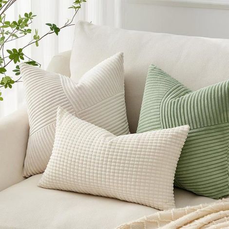 Lot de 2 Housse Coussin 40x40 cm Velours Côtelé Vert Sauge Motif Géométrique Fermeture Éclair Dissimulée Salon Canapé (1/5)