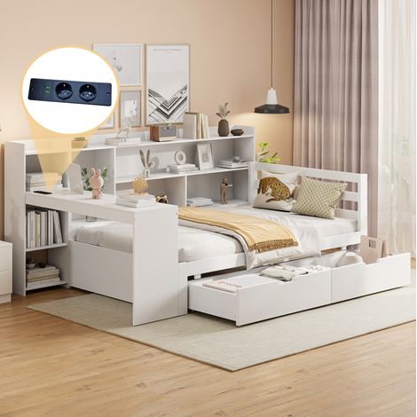 Sofá cama 90/200 cm blanco de madera con escritorio, estantes y enchufe (1/5)