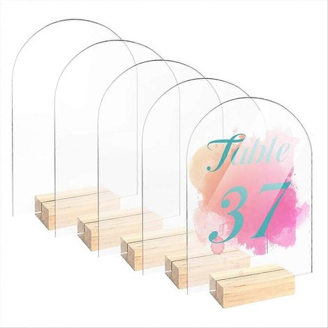 Set aus 5 leeren, runden, transparenten Acrylglasplatten in Bogenform (12,7 x 17,8 cm) mit Holzrückwand, für Beschilderung und Sitzgelegenheiten. (1/5)