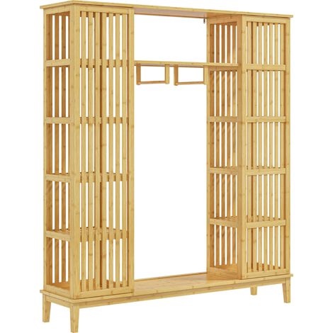 Armoire Ouverte en Bambou avec 2 Portes Coulissantes, Étagères Ouvertes et Barres Porte-Vêtements, 145x35x165cm (1/5)