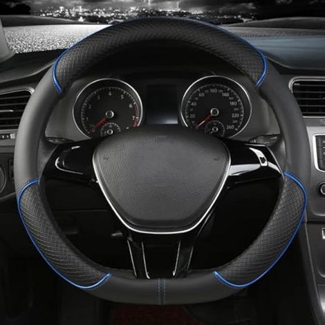 Housse de volant de voiture adaptée pour Volkswagen Passat/Polo/Tiguan/Touareg/Touran/T-Cross/T-Roc/Up en cuir simili carbone (Noir/Bleu, D) (1/4)