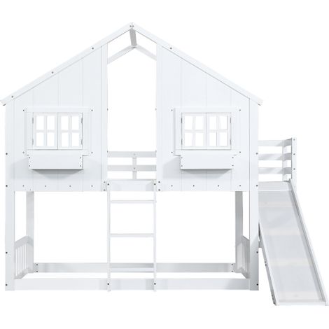 Lit superposé 90×200 cm, toboggan, toit, échelle, barrière, blanc