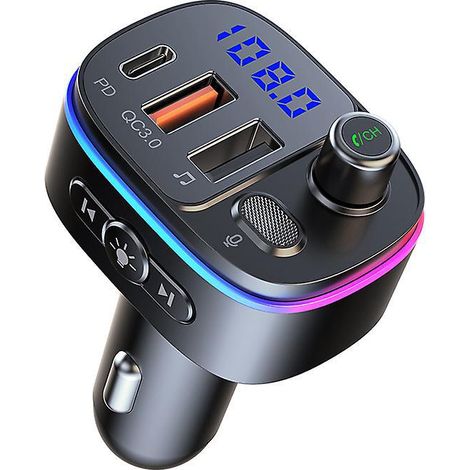 transmetteur Fm Bluetooth 5.0, Qc3.0 & Pd 18w Usb C Bluetooth Voiture Avec 9 Rtroclairs Rvb, Adaptateur Bluetooth Voiture En Charge Des Appels Mai (1/5)