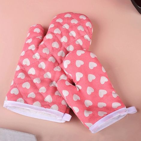 Juego de guantes de cocina con forma de corazón rosa (2 piezas)，Resistentes al calor，lavables y elegantes，la cocina y como regalo (1/5)