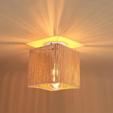 Plafonnier Vintage Industriel,Lampe de Plafond en Rotin et Métal Abat-jour Design Carré Lustre Rétro pour Couloir Salon (1/5)