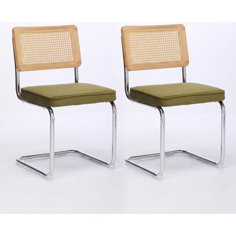 FurnitureR Lot de 2 chaises vertes avec dossier cannage, assise velours et structure cantilever métallique (1/5)