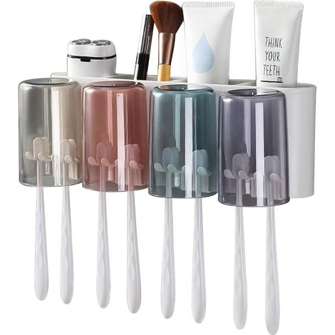 Zahnbürstenhalter Wand,Zahnputzbecher Kunststoff Set, Zahnburstenhalterung Ohne Bohren Kann für Kinder und Familien (Weiß) (4 Becher) (1/4)