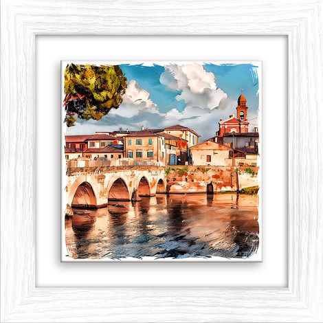 Lupia - Quadro moderno con paesaggi e localismi italiani, Ceramica e Stampa Rilievo, Cornice Legno Shabby Modern bianca, Decorazione Parete, Quadretti Soggiorno, 29x29 cm, RIMINI PONTE DI TIBERIO (1/4)