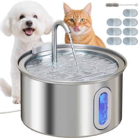 Fontaine à eau pour chat 2.5 L avec lumière LED et 2 modes de jet. acier inoxydable. 19.4 x 19.4 x 18.7 cm. argent (1/5)