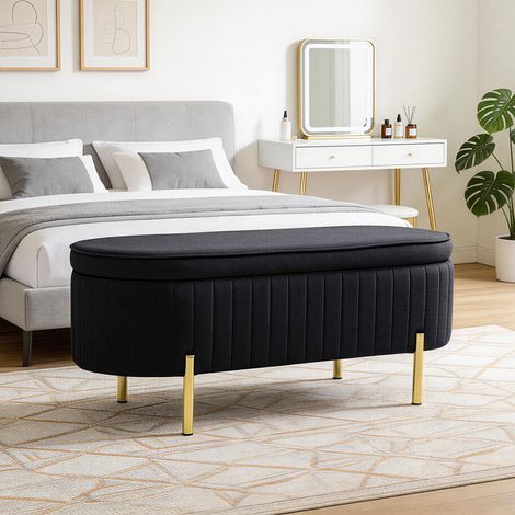 Banc de rangement ovale 72 L avec couvercle relevable, assise rembourrée, velours noir (1/5)