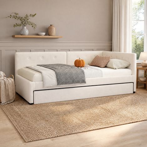 Lit banquette 90x200 cm en velours beige, gain de place pour salon, sans matelas FloraGrace (1/5)