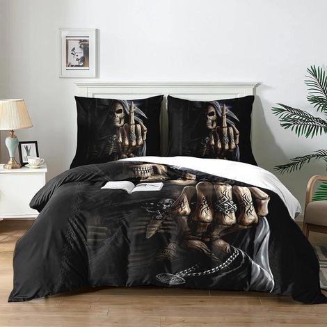 Ensemble de literie 3 pièces tête de mort 200x200 cm avec 2 taies d'oreiller 65x65 cm impression 3D microfibre