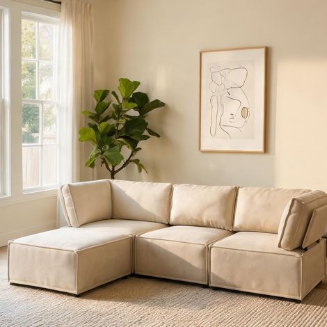 Canapé modulable en tissu beige lin avec méridienne (1/5)