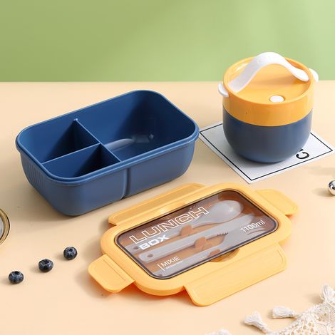 caja bento, 3 compartimentos, plástico PP sin BPA, con cubiertos, recipiente para sopa, para la escuela y picnics. (1/5)