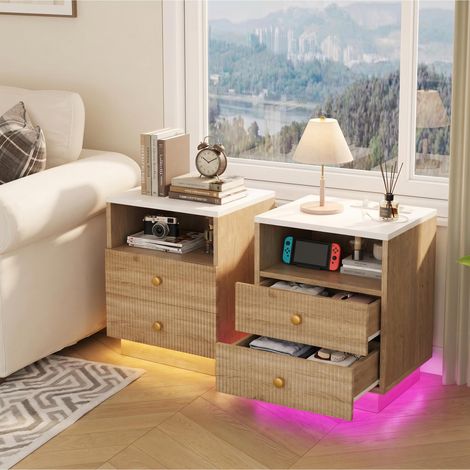 Nachttisch 2er Set Holz mit USB-Ladestation und LED-Beleuchtung Nachtkommode für Schlafzimmer 44x38x55 cm Weiß - Skandinavisch