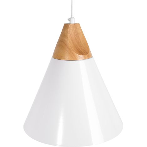 Lámpara colgante de techo de aluminio blanco y madera en forma de cono diseño minimalista escandinavo Albano (1/5)