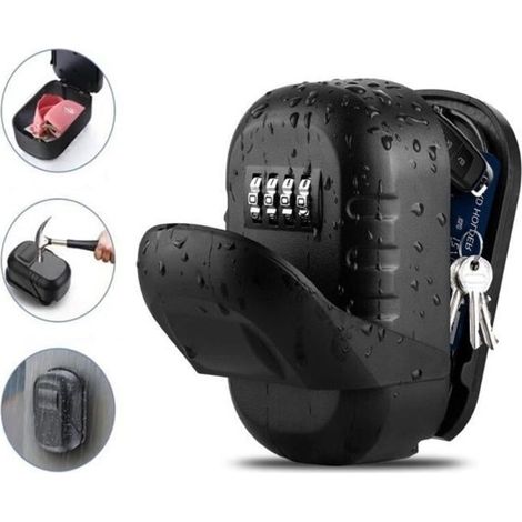 (Black) Outdoor secure key box, wall-mounted key box with 4-digit code, weather-resistant, zinc alloy (1/4)