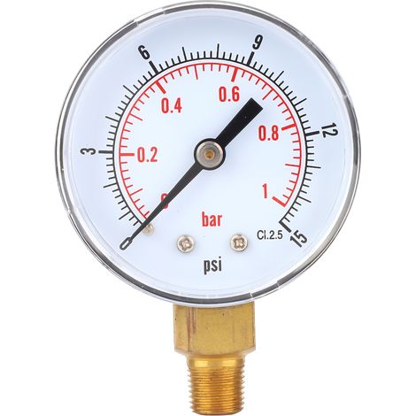 Manomètre à cadran de 50 mm, raccord inférieur 1/8 BSPT pour air, eau, huile et gaz (0-15 PSI 0-1 Bar)