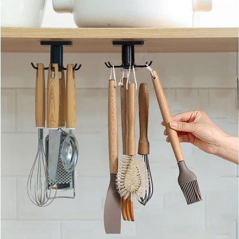 Crochets pour ustensiles de cuisine sous armoire. 2 pièces. support adhésif rotatif à 360 ° sans perçage. support suspendu pour outils/serviettes/couteaux (noir)