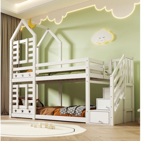 Etagenbett Holz Weiß 90x200 cm mit Treppen-Stauraum, 2 Schubladen und Lattenrosten (1/5)