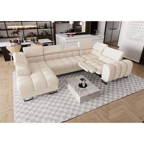 Wohnlandschaft Schlafsofa BASTIEN RELAX in Stoff Aragon Creme Ottomane Links