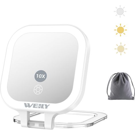 Miroir de Poche Lumineux, Miroir de Voyage Double Face Grossissant 1X/10x, avec 3 Lumières de Couleur et Rechargeable par USB, Miroir à Main Portable pour Le Maquillage (Blanc) (1/5)