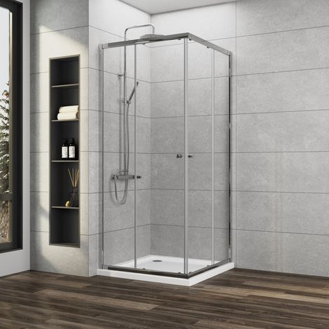 Duschkabine Eckeinstieg 90x80 cm Schiebetür Duschabtrennung Eckeinstieg Doppel Schiebetür 6mm ESG Sicherheitsglas, Duschwand Höhe 185cm, LINKS & RECHTS MONTIERBAR
