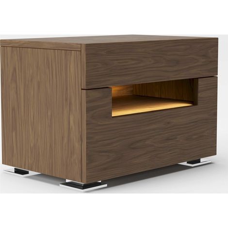 Table de chevet en bois Leds intérieures et 2 tiroirs fermeture soft pieds chromés - Noyer, acier inoxydable (1/5)