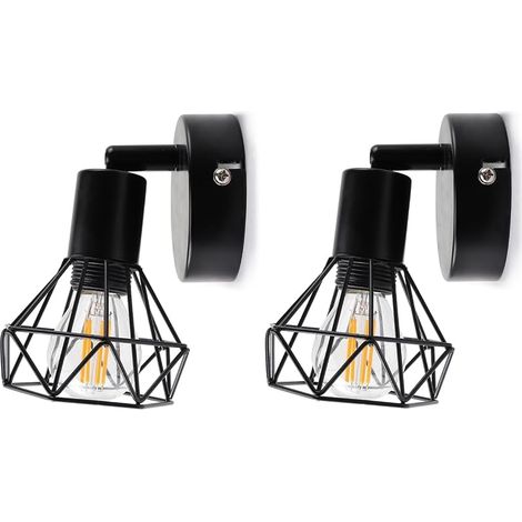Lot de 2 appliques murales d'intérieur E14 vintage en métal industriel - Lampe de chevet pour couloir, entrée, chambre à coucher, salon (sans ampoule) (1/5)