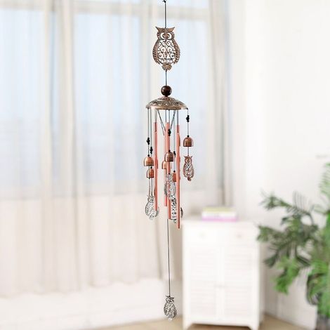 Carillon à vent en aluminium avec 6 cloches et design hibou – 95 cm, étanche, idéal pour jardin, balcon ou décoration de Noël (1/5)