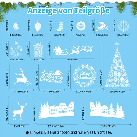 Lot 9 feuilles stickers vitrine Noël électrostatiques PVC 20×30 cm, 84 motifs : flocons‑rennes‑sapin‑boules, réutilisable sans colle, déco fenêtre‑vitre‑magasin (1/5)