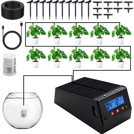 Kit D'irrigation Solaire avec 10 Goutteurs + Tuyau D'arrosage de 10 m  Modes D'arrosage Automatiques, Irrigation Autonome pour Balcon, Jardin, Plantes en Pot, Bon pour les Plantes en Vacances (1/5)