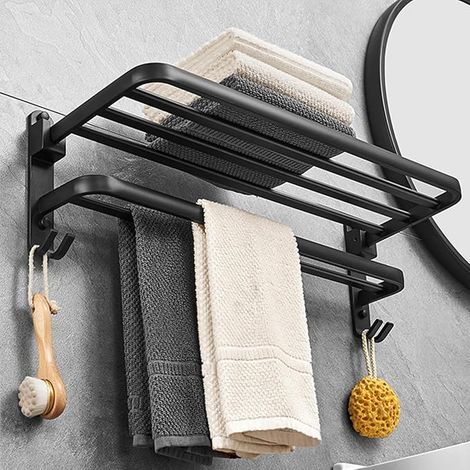 Porte Serviette Salle de Bain, Porte Serviette Murale, Porte Serviette sur Pied Accessoire Salle de Bain, Porte Serviette Salle de Bain sans Percage, Seche Serviette Porte-Serviettes Noir (1/5)
