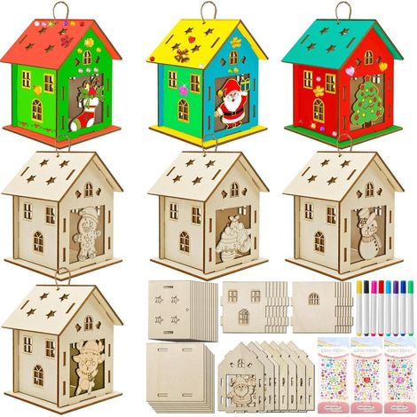 Weihnachtshaus Bastelset 7er Pack mit Malstiften und Stickern