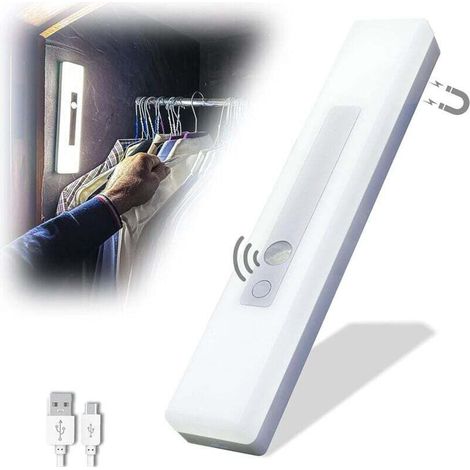 Veilleuse LED rechargeable avec détecteur de mouvement - batterie haute capacité de 1800 mAh, chargement USB, fixation magnétique ou adhésive, lumière blanche froide.