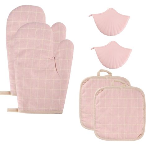 Gants de Four Anti Chaleur 6 Pièces, Ensemble de Gants et Maniques avec Coques en Silicone & Dessous de Plat Isothermes pour Cuisson au Four Rose (1/5)