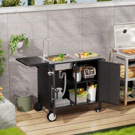 Desserte de barbecue 128,6x46x90 cm en inox 304 noir avec évier, pour jardin – MEUBLIV (1/5)